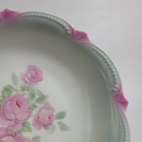 Koenigszelt Silesia Serving Bowl 9 Inch Pink Roses Green Leaves Beaded Boarder - Picture 6 of 15